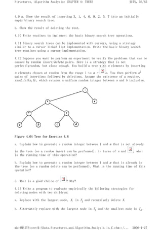 4.9 a. Show the result of inserting 3, 1, 4, 6, 9, 2, 5, 7 into an initially
empty binary search tree.
b. Show the result of deleting the root.
4.10 Write routines to implement the basic binary search tree operations.
4.11 Binary search trees can be implemented with cursors, using a strategy
similar to a cursor linked list implementation. Write the basic binary search
tree routines using a cursor implementation.
4.12 Suppose you want to perform an experiment to verify the problems that can be
caused by random insert/delete pairs. Here is a strategy that is not
perfectlyrandom, but close enough. You build a tree with n elements by inserting
n elements chosen at random from the range 1 to m = n. You then perform n2
pairs of insertions followed by deletions. Assume the existence of a routine,
rand_int(a,b), which returns a uniform random integer between a and b inclusive.
Figure 4.64 Tree for Exercise 4.8
a. Explain how to generate a random integer between 1 and m that is not already
in the tree (so a random insert can be performed). In terms of n and , what
is the running time of this operation?
b. Explain how to generate a random integer between 1 and m that is already in
the tree (so a random delete can be performed). What is the running time of this
operation?
c. What is a good choice of ? Why?
4.13 Write a program to evaluate empirically the following strategies for
deleting nodes with two children:
a. Replace with the largest node, X, in TL and recursively delete X.
b. Alternately replace with the largest node in TL and the smallest node in TR,
页码，56/65
Structures, Algorithm Analysis: CHAPTER 4: TREES
2006-1-27
mk:@MSITStore:K:Data.Structures.and.Algorithm.Analysis.in.C.chm::/...
 
