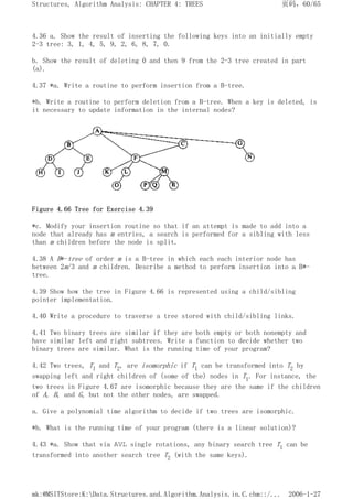 4.36 a. Show the result of inserting the following keys into an initially empty
2-3 tree: 3, 1, 4, 5, 9, 2, 6, 8, 7, 0.
b. Show the result of deleting 0 and then 9 from the 2-3 tree created in part
(a).
4.37 *a. Write a routine to perform insertion from a B-tree.
*b. Write a routine to perform deletion from a B-tree. When a key is deleted, is
it necessary to update information in the internal nodes?
Figure 4.66 Tree for Exercise 4.39
*c. Modify your insertion routine so that if an attempt is made to add into a
node that already has m entries, a search is performed for a sibling with less
than m children before the node is split.
4.38 A B*-tree of order m is a B-tree in which each each interior node has
between 2m/3 and m children. Describe a method to perform insertion into a B*-
tree.
4.39 Show how the tree in Figure 4.66 is represented using a child/sibling
pointer implementation.
4.40 Write a procedure to traverse a tree stored with child/sibling links.
4.41 Two binary trees are similar if they are both empty or both nonempty and
have similar left and right subtrees. Write a function to decide whether two
binary trees are similar. What is the running time of your program?
4.42 Two trees, T1 and T2, are isomorphic if T1 can be transformed into T2 by
swapping left and right children of (some of the) nodes in T1. For instance, the
two trees in Figure 4.67 are isomorphic because they are the same if the children
of A, B, and G, but not the other nodes, are swapped.
a. Give a polynomial time algorithm to decide if two trees are isomorphic.
*b. What is the running time of your program (there is a linear solution)?
4.43 *a. Show that via AVL single rotations, any binary search tree T1 can be
transformed into another search tree T2 (with the same keys).
页码，60/65
Structures, Algorithm Analysis: CHAPTER 4: TREES
2006-1-27
mk:@MSITStore:K:Data.Structures.and.Algorithm.Analysis.in.C.chm::/...
 