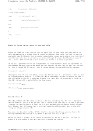 /*12*/ H->the_lists[i] = (LIST) malloc
( sizeof (struct list_node) );
/*13*/ if( H->the_lists[i] == NULL )
/*14*/ fatal_error("Out of space!!!");
else
/*15*/ H->the_lists[i]->next = NULL;
}
/*16*/ return H;
}
Figure 5.8 Initialization routine for open hash table
Figure 5.8 shows the initialization function, which uses the same ideas that were seen in the
array implementation of stacks. Lines 4 through 6 allocate a hash table structure. If space is
available, then H will point to a structure containing an integer and a pointer to a list. Line 7
sets the table size to a prime number, and lines 8 through 10 attempt to allocate an array of
lists. Since a LIST is defined to be a pointer, the result is an array of pointers.
If our LIST implementation was not using headers, we could stop here. Since our implementation
uses headers, we must allocate one header per list and set its next field to NULL. This is done
in lines 11 through 15. Of course, lines 12 through 15 could be replaced with the statement
H->the_lists[i] = make_null();
Although we have not used this option, because in this instance it is preferable to make the code
as self-contained as possible, it is certainly worth considering. An inefficiency of our code is
that the malloc on line 12 is performed H->table_size times. This can be avoided by replacing
line 12 with one call to malloc before the loop occurs:
H->the lists = (LIST*) malloc
(H->table_size * sizeof (struct list_node));
Line 16 returns H.
The call find(key, H) will return a pointer to the cell containing key. The code to implement
this is shown in Figure 5.9. Notice that lines 2 through 5 are identical to the code to perform a
find that is given in Chapter 3. Thus, the list ADT implementation in Chapter 3 could be used
here. Remember that if element_type is a string, comparison and assignment must be done with
strcmp and strcpy, respectively.
Next comes the insertion routine. If the item to be inserted is already present, then we do
nothing; otherwise we place it at the front of the list (see Fig. 5.10).*
*Since the table in Figure 5.6 was created by inserting at the end of the list, the code in
Figure 5.10 will produce a table with the lists in Figure 5.6 reversed.
页码，7/30
Structures, Algorithm Analysis: CHAPTER 5: HASHING
2006-1-27
mk:@MSITStore:K:Data.Structures.and.Algorithm.Analysis.in.C.chm::/...
 