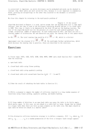 to correction) is important, an entire dictionary can be prehashed and words can be checked in
constant time. Hash tables are well suited for this, because it is not important to alphabetize
words; printing out misspellings in the order they occurred in the document is certainly
acceptable.
We close this chapter by returning to the word puzzle problem of
Chapter 1. If the second
algorithm described in Chapter 1 is used, and we assume that the maximum word size is some small
constant, then the time to read in the dictionary containing W words and put it in a hash table
is O(W). This time is likely to be dominated by the disk I/O and not the hashing routines. The
rest of the algorithm would test for the presence of a word for each ordered quadruple (row,
column, orientation, number of characters). As each lookup would be O(1), and there are only a
constant number of orientations (8) and characters per word, the running time of this phase would
be O(r c). The total running time would be O (r c + W), which is a distinct
improvement over the original O (r c W). We could make further optimizations, which
would decrease the running time in practice; these are described in the exercises.
Exercises
5.1 Given input {4371, 1323, 6173, 4199, 4344, 9679, 1989} and a hash function h(x) = x(mod 10),
show the resulting
a. open hash table
b. closed hash table using linear probing
c. closed hash table using quadratic probing
d. closed hash table with second hash function h2(x) = 7 - (x mod 7)
5.2 Show the result of rehashing the hash tables in Exercise 5.1.
5.3 Write a program to compute the number of collisions required in a long random sequence of
insertions using linear probing, quadratic probing, and double hashing.
5.4 A large number of deletions in an open hash table can cause the table to be fairly empty,
which wastes space. In this case, we can rehash to a table half as large. Assume that we rehash
to a larger table when there are twice as many elements as the table size. How empty should an
open table be before we rehash to a smaller table?
5.5 An alternative collision resolution strategy is to define a sequence, f(i) = ri, where r0 = 0
and r1, r2, . . . , rn is a random permutation of the first n integers (each integer appears
页码，25/30
Structures, Algorithm Analysis: CHAPTER 5: HASHING
2006-1-27
mk:@MSITStore:K:Data.Structures.and.Algorithm.Analysis.in.C.chm::/...
 