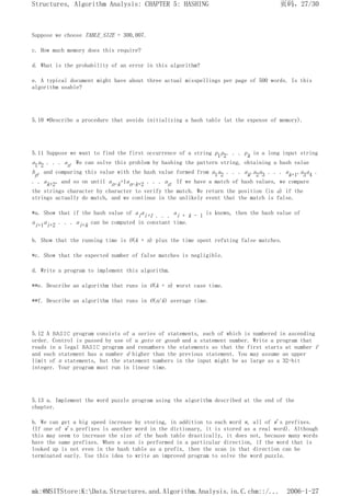 Suppose we choose TABLE_SIZE = 300,007.
c. How much memory does this require?
d. What is the probability of an error in this algorithm?
e. A typical document might have about three actual misspellings per page of 500 words. Is this
algorithm usable?
5.10 *Describe a procedure that avoids initializing a hash table (at the expense of memory).
5.11 Suppose we want to find the first occurrence of a string p1p2. . . pk in a long input string
a1a2 . . . an. We can solve this problem by hashing the pattern string, obtaining a hash value
hp, and comparing this value with the hash value formed from a1a2 . . . ak,a2a3 . . . ak+1,a3a4 .
. . ak+2, and so on until an-k+1an-k+2 . . . an. If we have a match of hash values, we compare
the strings character by character to verify the match. We return the position (in a) if the
strings actually do match, and we continue in the unlikely event that the match is false.
*a. Show that if the hash value of aiai+1 . . . ai + k - 1 is known, then the hash value of
ai+1ai+2 . . . ai+k can be computed in constant time.
b. Show that the running time is O(k + n) plus the time spent refuting false matches.
*c. Show that the expected number of false matches is negligible.
d. Write a program to implement this algorithm.
**e. Describe an algorithm that runs in O(k + n) worst case time.
**f. Describe an algorithm that runs in O(n/k) average time.
5.12 A BASIC program consists of a series of statements, each of which is numbered in ascending
order. Control is passed by use of a goto or gosub and a statement number. Write a program that
reads in a legal BASIC program and renumbers the statements so that the first starts at number f
and each statement has a number d higher than the previous statement. You may assume an upper
limit of n statements, but the statement numbers in the input might be as large as a 32-bit
integer. Your program must run in linear time.
5.13 a. Implement the word puzzle program using the algorithm described at the end of the
chapter.
b. We can get a big speed increase by storing, in addition to each word w, all of w's prefixes.
(If one of w's prefixes is another word in the dictionary, it is stored as a real word). Although
this may seem to increase the size of the hash table drastically, it does not, because many words
have the same prefixes. When a scan is performed in a particular direction, if the word that is
looked up is not even in the hash table as a prefix, then the scan in that direction can be
terminated early. Use this idea to write an improved program to solve the word puzzle.
页码，27/30
Structures, Algorithm Analysis: CHAPTER 5: HASHING
2006-1-27
mk:@MSITStore:K:Data.Structures.and.Algorithm.Analysis.in.C.chm::/...
 