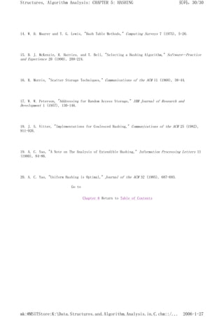 14. W. D. Maurer and T. G. Lewis, "Hash Table Methods," Computing Surveys 7 (1975), 5-20.
15. B. J. McKenzie, R. Harries, and T. Bell, "Selecting a Hashing Algorithm," Software--Practice
and Experience 20 (1990), 209-224.
16. R. Morris, "Scatter Storage Techniques," Communications of the ACM 11 (1968), 38-44.
17. W. W. Peterson, "Addressing for Random Access Storage," IBM Journal of Research and
Development 1 (1957), 130-146.
18. J. S. Vitter, "Implementations for Coalesced Hashing," Communications of the ACM 25 (1982),
911-926.
19. A. C. Yao, "A Note on The Analysis of Extendible Hashing," Information Processing Letters 11
(1980), 84-86.
20. A. C. Yao, "Uniform Hashing is Optimal," Journal of the ACM 32 (1985), 687-693.
Go to
Chapter 6 Return to Table of Contents
页码，30/30
Structures, Algorithm Analysis: CHAPTER 5: HASHING
2006-1-27
mk:@MSITStore:K:Data.Structures.and.Algorithm.Analysis.in.C.chm::/...
 