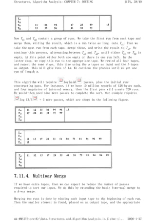 Now Tb1 and Tb2 contain a group of runs. We take the first run from each tape and
merge them, writing the result, which is a run twice as long, onto Ta1. Then we
take the next run from each tape, merge these, and write the result to Ta2. We
continue this process, alternating between Ta1 and Ta2, until either Tb1 or Tb2 is
empty. At this point either both are empty or there is one run left. In the
latter case, we copy this run to the appropriate tape. We rewind all four tapes,
and repeat the same steps, this time using the a tapes as input and the b tapes
as output. This will give runs of 4m. We continue the process until we get one
run of length n.
This algorithm will require log(n/m) passes, plus the initial run-
constructing pass. For instance, if we have 10 million records of 128 bytes each,
and four megabytes of internal memory, then the first pass will create 320 runs.
We would then need nine more passes to complete the sort. Our example requires
log 13/3 = 3 more passes, which are shown in the following figure.
7.11.4. Multiway Merge
If we have extra tapes, then we can expect to reduce the number of passes
required to sort our input. We do this by extending the basic (two-way) merge to
a k-way merge.
Merging two runs is done by winding each input tape to the beginning of each run.
Then the smaller element is found, placed on an output tape, and the appropriate
页码，38/49
Structures, Algorithm Analysis: CHAPTER 7: SORTING
2006-1-27
mk:@MSITStore:K:Data.Structures.and.Algorithm.Analysis.in.C.chm::/...
 