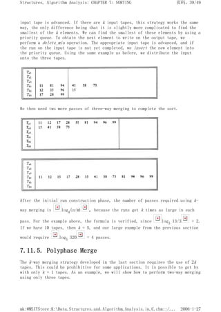 input tape is advanced. If there are k input tapes, this strategy works the same
way, the only difference being that it is slightly more complicated to find the
smallest of the k elements. We can find the smallest of these elements by using a
priority queue. To obtain the next element to write on the output tape, we
perform a delete_min operation. The appropriate input tape is advanced, and if
the run on the input tape is not yet completed, we insert the new element into
the priority queue. Using the same example as before, we distribute the input
onto the three tapes.
We then need two more passes of three-way merging to complete the sort.
After the initial run construction phase, the number of passes required using k-
way merging is logk(n/m) , because the runs get k times as large in each
pass. For the example above, the formula is verified, since log3 13/3 = 2.
If we have 10 tapes, then k = 5, and our large example from the previous section
would require log5 320 = 4 passes.
7.11.5. Polyphase Merge
The k-way merging strategy developed in the last section requires the use of 2k
tapes. This could be prohibitive for some applications. It is possible to get by
with only k + 1 tapes. As an example, we will show how to perform two-way merging
using only three tapes.
页码，39/49
Structures, Algorithm Analysis: CHAPTER 7: SORTING
2006-1-27
mk:@MSITStore:K:Data.Structures.and.Algorithm.Analysis.in.C.chm::/...
 
