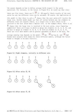 the answer depends on how to define average (with respect to the union
operation). For instance, in the forest in Figure 8.4, we could say that since
there are five trees, there are 5 4 = 20 equally likely results of the next
union (as any two different trees can be unioned). Of course, the implication of
this model is that there is only a chance that the next union will involve the
large tree. Another model might say that all unions between any two elements in
different trees are equally likely, so a larger tree is more likely to be
involved in the next union than a smaller tree. In the example above, there is an
chance that the large tree is involved in the next union, since (ignoring
symmetries) there are 6 ways in which to merge two elements in {1, 2, 3, 4}, and
16 ways to merge an element in {5, 6, 7, 8} with an element in {1, 2, 3, 4}.
There are still more models and no general agreement on which is the best. The
average running time depends on the model; (m), (m log n), and (mn)
bounds have actually been shown for three different models, although the latter
bound is thought to be more realistic.
Figure 8.1 Eight elements, initially in different sets
Figure 8.2 After union (5, 6)
Figure 8.3 After union (7, 8)
页码，5/23
Structures, Algorithm Analysis: CHAPTER 8: THE DISJOINT SET ADT
2006-1-27
mk:@MSITStore:K:Data.Structures.and.Algorithm.Analysis.in.C.chm::/...
 