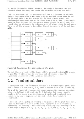 so, we use the internal number. Otherwise, we assign to the vertex the next
available number and insert the vertex name and number into the hash table.
With this transformation, all the graph algorithms will use only the internal
numbers. Since eventually we will need to output the real vertex names and not
the internal numbers, we must also record, for each internal number, the
corresponding vertex name. One way is to use an array of strings. If the vertex
names are long, this can cost considerable space, because the vertex names are
stored twice. An alternative is to keep an array of pointers into the hash table.
The price of this alternative is a slight loss of the sanctity of the hash table
ADT.
Figure 9.2 An adjacency list representation of a graph
The code that we present in this chapter will be pseudocode using ADTS as much
as possible. We will do this to save space and, of course, to make the
algorithmic presentation of the algorithms much clearer.
9.2. Topological Sort
A topological sort is an ordering of vertices in a directed acyclic graph, such
that if there is a path from vi to vj, then vj appears after vi in the ordering.
The graph in Figure 9.3 represents the course prerequisite structure at a state
university in Miami. A directed edge (v,w) indicates that course v must be
completed before course w may be attempted. A topological ordering of these
courses is any course sequence that does not violate the prerequisite
requirement.
It is clear that a topological ordering is not possible if the graph has a cycle,
since for two vertices v and w on the cycle, v precedes w and w precedes v.
Furthermore, the ordering is not necessarily unique; any legal ordering will do.
In the graph in Figure 9.4, v1, v2, v5, v4, v3, v7, v6 and v1, v2, v5, v4, v7, v3,
页码，4/75
Structures, Algorithm Analysis: CHAPTER 9: GRAPH ALGORITHMS
2006-1-27
mk:@MSITStore:K:Data.Structures.and.Algorithm.Analysis.in.C.chm::/...
 