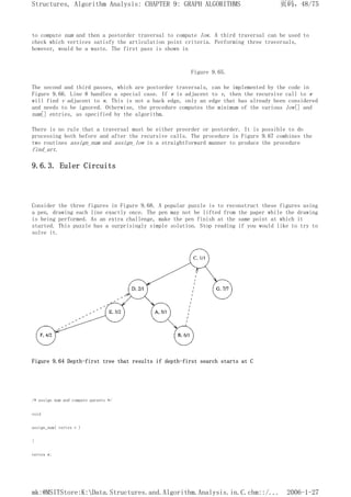 to compute num and then a postorder traversal to compute low. A third traversal can be used to
check which vertices satisfy the articulation point criteria. Performing three traversals,
however, would be a waste. The first pass is shown in
Figure 9.65.
The second and third passes, which are postorder traversals, can be implemented by the code in
Figure 9.66. Line 8 handles a special case. If w is adjacent to v, then the recursive call to w
will find v adjacent to w. This is not a back edge, only an edge that has already been considered
and needs to be ignored. Otherwise, the procedure computes the minimum of the various low[] and
num[] entries, as specified by the algorithm.
There is no rule that a traversal must be either preorder or postorder. It is possible to do
processing both before and after the recursive calls. The procedure in Figure 9.67 combines the
two routines assign_num and assign_low in a straightforward manner to produce the procedure
find_art.
9.6.3. Euler Circuits
Consider the three figures in Figure 9.68. A popular puzzle is to reconstruct these figures using
a pen, drawing each line exactly once. The pen may not be lifted from the paper while the drawing
is being performed. As an extra challenge, make the pen finish at the same point at which it
started. This puzzle has a surprisingly simple solution. Stop reading if you would like to try to
solve it.
Figure 9.64 Depth-first tree that results if depth-first search starts at C
/* assign num and compute parents */
void
assign_num( vertex v )
{
vertex w;
页码，48/75
Structures, Algorithm Analysis: CHAPTER 9: GRAPH ALGORITHMS
2006-1-27
mk:@MSITStore:K:Data.Structures.and.Algorithm.Analysis.in.C.chm::/...
 