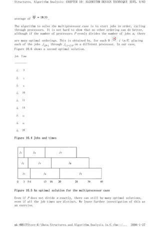 average of .
The algorithm to solve the multiprocessor case is to start jobs in order, cycling
through processors. It is not hard to show that no other ordering can do better,
although if the number of processors P evenly divides the number of jobs n, there
are many optimal orderings. This is obtained by, for each 0 i <n/P, placing
each of the jobs jiP+1 through j(i+1)P on a different processor. In our case,
Figure 10.6 shows a second optimal solution.
Job Time
---------
j1 3
j2 5
j3 6
j4 10
j5 11
j6 14
j7 15
j8 18
j9 20
Figure 10.4 Jobs and times
Figure 10.5 An optimal solution for the multiprocessor case
Even if P does not divide n exactly, there can still be many optimal solutions,
even if all the job times are distinct. We leave further investigation of this as
an exercise.
页码，4/83
Structures, Algorithm Analysis: CHAPTER 10: ALGORITHM DESIGN TECHNIQUE
2006-1-27
mk:@MSITStore:K:Data.Structures.and.Algorithm.Analysis.in.C.chm::/...
 