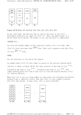 Figure 10.24 First fit for 0.2, 0.5, 0.4, 0.7, 0.1, 0.3, 0.8
On the other hand, the bad case that we used in the proof of next fit's
performance bound does not apply for first fit. Thus, one might wonder if a
better bound can be proven. The answer is yes, but the proof is complicated.
THEOREM 10.3.
Let m be the optimal number of bins required to pack a list I of items. Then
first fit never uses more than bins. There exist sequences such that first
fit uses bins.
PROOF:
See the references at the end of the chapter.
An example where first fit does almost as poorly as the previous theorem would
indicate is shown in Figure 10.25. The input consists of 6m items of size ,
followed by 6m items of size , followed by 6m items of size . One
simple packing places one item of each size in a bin and requires 6m bins. First
fit requires 10m bins.
When first fit is run on a large number of items with sizes uniformly distributed
between 0 and 1, empirical results show that first fit uses roughly 2 percent
more bins than optimal. In many cases, this is quite acceptable.
页码，16/83
Structures, Algorithm Analysis: CHAPTER 10: ALGORITHM DESIGN TECH...
2006-1-27
mk:@MSITStore:K:Data.Structures.and.Algorithm.Analysis.in.C.chm::/...
 