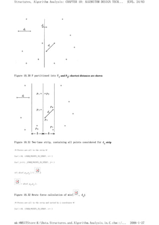 Figure 10.30 P partitioned into P1 and P2; shortest distances are shown
Figure 10.31 Two-lane strip, containing all points considered for dc strip
/* Points are all in the strip */
for( i=0; i<NUM_POINTS_IN_STRIP; i++ )
for( j=i+1; j<NUM_POINTS_IN_STRIP; j++ )
if( dist( pi,pj ) < )
= dist( pi,pj );
Figure 10.32 Brute force calculation of min( , dc)
/* Points are all in the strip and sorted by y coordinate */
for( i=0; i<NUM_POINTS_IN_STRIP; i++ )
页码，24/83
Structures, Algorithm Analysis: CHAPTER 10: ALGORITHM DESIGN TECH...
2006-1-27
mk:@MSITStore:K:Data.Structures.and.Algorithm.Analysis.in.C.chm::/...
 