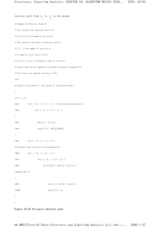 shortest path from vi to vj in the graph.
/* Compute All-Shortest Paths */
/* A[] contains the adjacency matrix */
/* with A[i][i] presumed to be zero */
/* D[] contains the values of shortest path */
/* |V | is the number of vertices */
/* A negative cycle exists iff */
/* d[i][j] is set to a negative value at line 9 */
/* Actual Path can be computed via another procedure using path */
/* All arrays are indexed starting at 0 */
void
all_pairs( two_d_array A, two_d_array D, two_d_array path )
{
int i, j, k;
/*1*/ for( i = 0; i < |V |; i++ ) /* Initialize D and path */
/*2*/ for( j = 0; j < |V |; j++ )
{
/*3*/ D[i][j] = A[i][j];
/*4*/ path[i][j] = NOT_A_VERTEX;
}
/*5*/ for( k = 0; k < |v |; k++ )
/* Consider each vertex as an intermediate */
/*6*/ for( i = 0; i < |V |; i++ )
/*7*/ for( j = 0; j < |V |; j++ )
/*8*/ if( d[i][k] + d[k][j] < d[i][j] )
/*update min */
{
/*9*/ d[i][j] = d[i][k] + d[k][j];
/*10*/ path[i][j] = k;
}
}
Figure 10.53 All-pairs shortest path
页码，45/83
Structures, Algorithm Analysis: CHAPTER 10: ALGORITHM DESIGN TECH...
2006-1-27
mk:@MSITStore:K:Data.Structures.and.Algorithm.Analysis.in.C.chm::/...
 