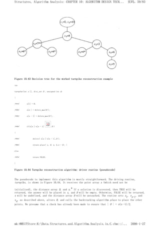Figure 10.63 Decision tree for the worked turnpike reconstruction example
int
turnpike(int x [], dist_set D , unsigned int n)
{
/*1*/ x[1] = 0;
/*2*/ x[n ] = delete_max(D );
/*3*/ x[n - 1] = delete_max(D );
/*4*/ if(x[n ]-x[n - 1] D )
{
/*5*/ delete( x[n ]-x[n - 1],D );
/*6*/ return place( x, D, n, 2,n - 2); }
else
/*7*/ return FALSE;
}
Figure 10.64 Turnpike reconstruction algorithm: driver routine (pseudocode)
The pseudocode to implement this algorithm is mostly straightforward. The driving routine,
turnpike, is shown in Figure 10.64. It receives the point array x (which need not be
initialized), the distance array D, and n.* If a solution is discovered, then TRUE will be
returned, the answer will be placed in x, and D will be empty. Otherwise, FALSE will be returned,
x will be undefined, and the distance array D will be untouched. The routine sets x1, xn-1, and
xn, as described above, alters D, and calls the backtracking algorithm place to place the other
points. We presume that a check has already been made to ensure that | D | = n(n -1)/2.
页码，59/83
Structures, Algorithm Analysis: CHAPTER 10: ALGORITHM DESIGN TECH...
2006-1-27
mk:@MSITStore:K:Data.Structures.and.Algorithm.Analysis.in.C.chm::/...
 