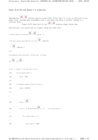 Figure 10.72 The node marked ? is unimportant
Implementing - pruning requires surprisingly little code. It is not as difficult as one
might think, although many programmers have a very hard time doing it without looking at a
reference book.
Figure 10.73 shows half of the - pruning scheme (minus type
declarations); you should have no trouble coding the other half.
/* Same as before, but perform - pruning. */
/* The main routine should make the call with = COMP_LOSS,
= COMP_WIN. */
void
find_comp_move( board_type board, int *best_move, int *value,
int , int )
{
int dc, i, response; /* dc means don't care */
/*1*/ if( full_board( board ) )
/*2*/ *value = DRAW;
else
/*3*/ if( immediate-comp_win( board, best_move ) )
/*4*/ *value = COMP_WIN;
else
{
/*5*/ *value = ;
/*6*/ for( i=1; (i<=9) && (*value< ); i++) /* try each square */
{
/*7*/ if( is_empty( board, i ) )
{
/*8*/ place( board, i, COMP );
页码，68/83
Structures, Algorithm Analysis: CHAPTER 10: ALGORITHM DESIGN TECH...
2006-1-27
mk:@MSITStore:K:Data.Structures.and.Algorithm.Analysis.in.C.chm::/...
 
