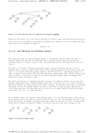 Figure 11.14 decrease_key (H,x,9) completed by merging Hl and H2
Because we can convert T2 to the leftist heap H2 in O (log n) steps, and then merge H1 and H2, we
have an O (log n) algorithm for performing the decrease_key operation in leftist heaps. The heap
that results in our example is shown in
Figure 11.14.
11.4.2. Lazy Merging for Binomial Queues
The second idea that is used by Fibonacci heaps is lazy merging. We will apply this idea to
binomial queues and show that the amortized time to perform a merge operation (as well as
insertion, which is a special case) is O(1). The amortized time for delete_min will still be O
(log n).
The idea is as follows: To merge two binomial queues, merely concatenate the two lists of
binomial trees, creating a new binomial queue. This new queue may have several trees of the same
size, so it violates the binomial queue property. We will call this a lazy binomial queue in
order to maintain consistency. This is a fast operation, which always takes constant (worst-case)
time. As before, an insertion is done by creating a one-node binomial queue and merging. The
difference is that the merge is lazy.
The delete_min operation is much more painful, because it is where we finally convert the lazy
binomial queue back into a standard binomial queue, but, as we will show, it is still O (log n)
amortized time-but not O(log n) worst-case time, as before. To perform a delete_min, we find (and
eventually return) the minimum element. As before, we delete it from the queue, making each of
its children new trees. We then merge all the trees into a binomial queue by merging two equal-
sized trees until it is no longer possible.
As an example, Figure 11.15 shows a lazy binomial queue. In a lazy binomial queue, there can be
more than one tree of the same size. We can tell the size of a tree by examining the root's rank
field, which gives the number of children (and thus implicitly the type of tree). To perform the
delete_min, we remove the smallest element, as before, and obtain the tree in Figure 11.16.
Figure 11.15 Lazy binomial queue
页码，12/25
Structures, Algorithm Analysis: CHAPTER 11: AMORTIZED ANALYSIS
2006-1-27
mk:@MSITStore:K:Data.Structures.and.Algorithm.Analysis.in.C.chm::/...
 