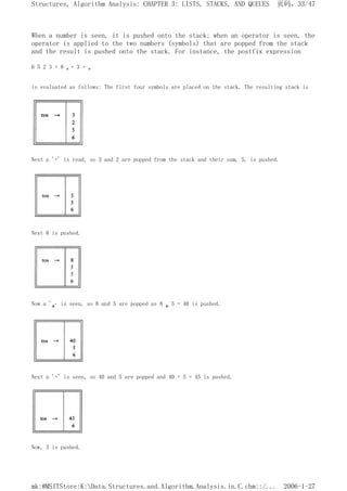 When a number is seen, it is pushed onto the stack; when an operator is seen, the
operator is applied to the two numbers (symbols) that are popped from the stack
and the result is pushed onto the stack. For instance, the postfix expression
6 5 2 3 + 8 * + 3 + *
is evaluated as follows: The first four symbols are placed on the stack. The resulting stack is
Next a '+' is read, so 3 and 2 are popped from the stack and their sum, 5, is pushed.
Next 8 is pushed.
Now a '*' is seen, so 8 and 5 are popped as 8 * 5 = 40 is pushed.
Next a '+' is seen, so 40 and 5 are popped and 40 + 5 = 45 is pushed.
Now, 3 is pushed.
页码，33/47
Structures, Algorithm Analysis: CHAPTER 3: LISTS, STACKS, AND QUEUES
2006-1-27
mk:@MSITStore:K:Data.Structures.and.Algorithm.Analysis.in.C.chm::/...
 