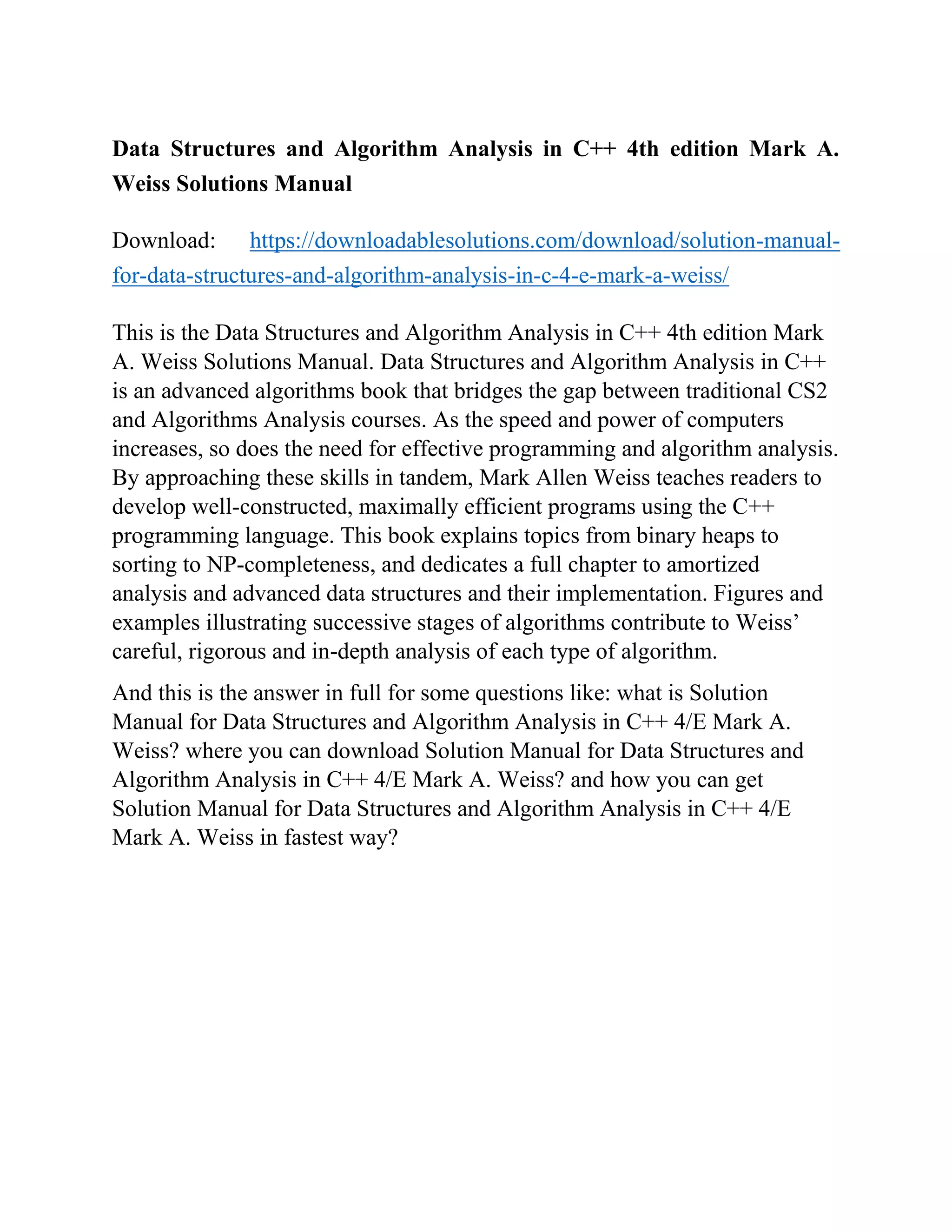 Data Structures and Algorithm Analysis in C++ 4th edition Mark A. Weiss ...