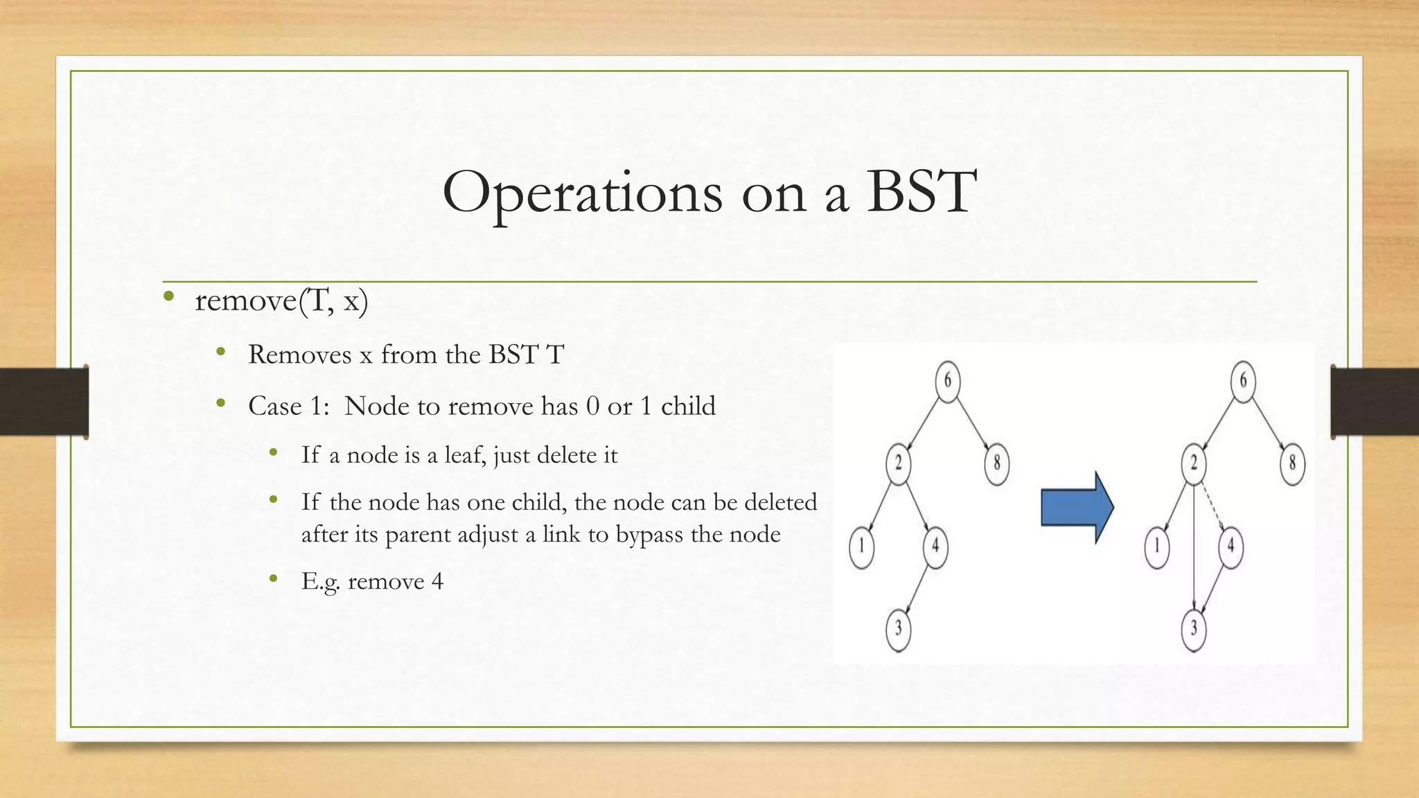 Operations on a BST
• remove(T, x)
• Removes x from the BST T
• Case 1: Node to remove has 0 or 1 child
• If a node is a leaf, just delete it
• If the node has one child, the node can be deleted
after its parent adjust a link to bypass the node
• E.g. remove 4
 