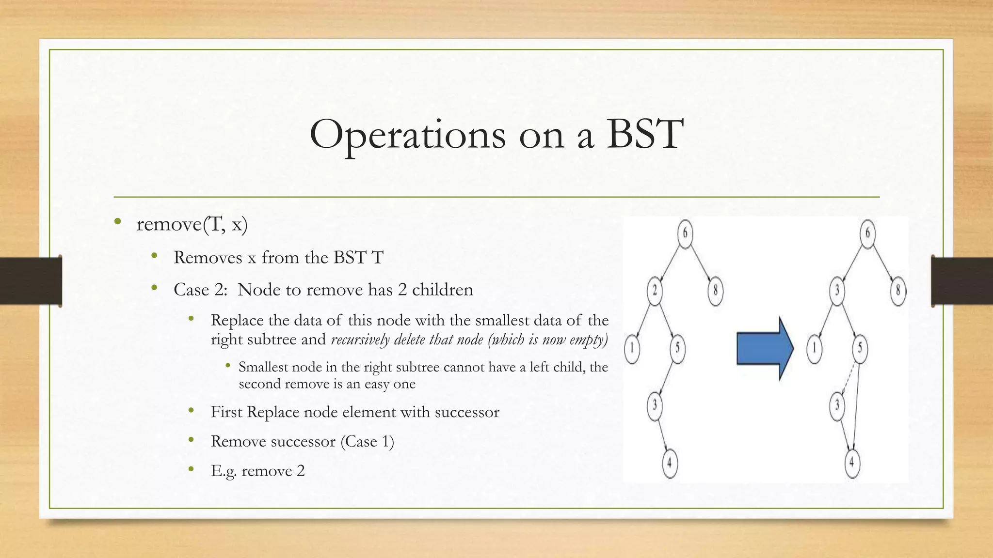 Operations on a BST
• remove(T, x)
• Removes x from the BST T
• Case 2: Node to remove has 2 children
• Replace the data of this node with the smallest data of the
right subtree and recursively delete that node (which is now empty)
• Smallest node in the right subtree cannot have a left child, the
second remove is an easy one
• First Replace node element with successor
• Remove successor (Case 1)
• E.g. remove 2
 