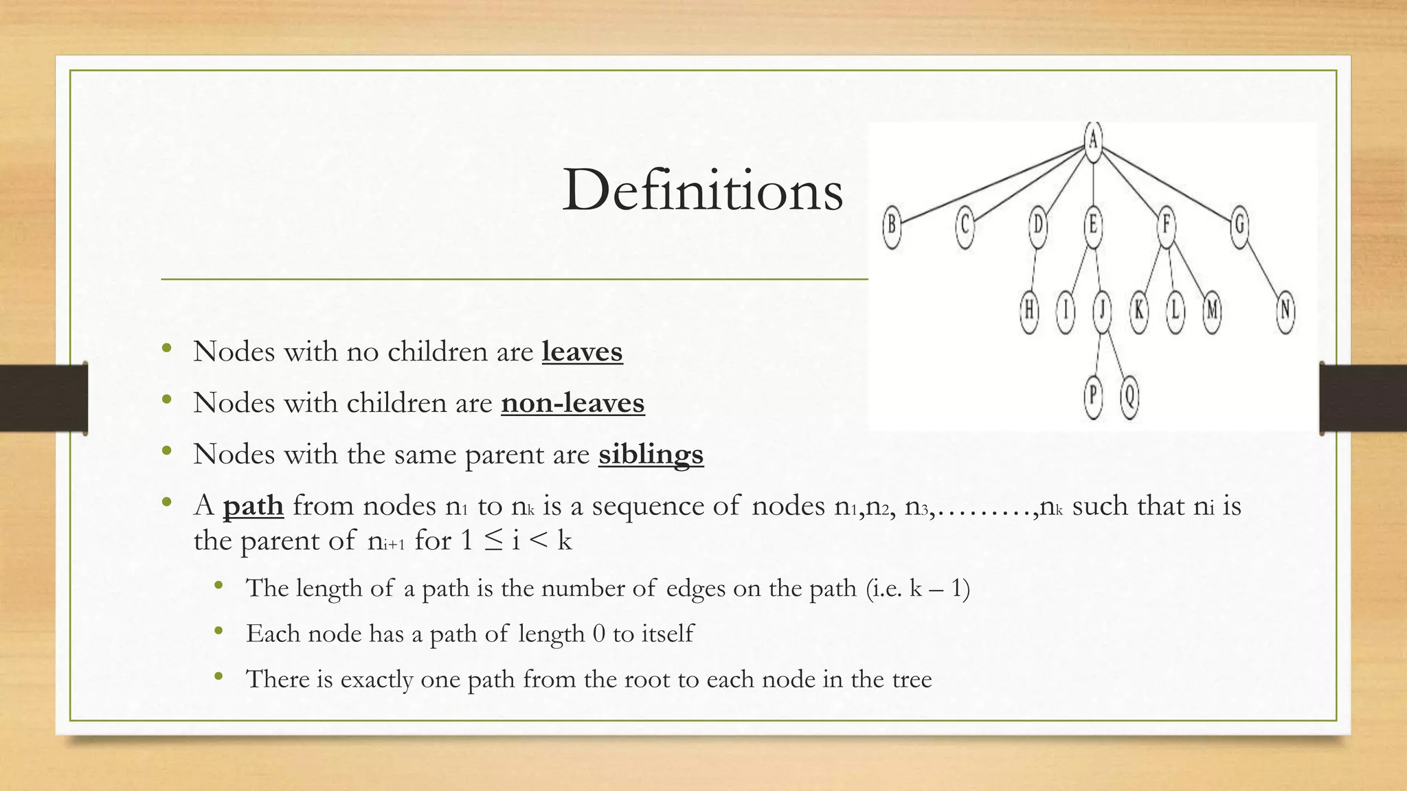 Definitions
• Nodes with no children are leaves
• Nodes with children are non-leaves
• Nodes with the same parent are siblings
• A path from nodes n1 to nk is a sequence of nodes n1,n2, n3,………,nk such that ni is
the parent of ni+1 for 1 ≤ i < k
• The length of a path is the number of edges on the path (i.e. k – 1)
• Each node has a path of length 0 to itself
• There is exactly one path from the root to each node in the tree
 