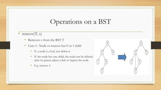 Operations on a BST
• remove(T, x)
• Removes x from the BST T
• Case 1: Node to remove has 0 or 1 child
• If a node is a leaf, just delete it
• If the node has one child, the node can be deleted
after its parent adjust a link to bypass the node
• E.g. remove 4
 