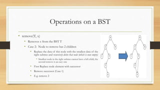 Operations on a BST
• remove(T, x)
• Removes x from the BST T
• Case 2: Node to remove has 2 children
• Replace the data of this node with the smallest data of the
right subtree and recursively delete that node (which is now empty)
• Smallest node in the right subtree cannot have a left child, the
second remove is an easy one
• First Replace node element with successor
• Remove successor (Case 1)
• E.g. remove 2
 