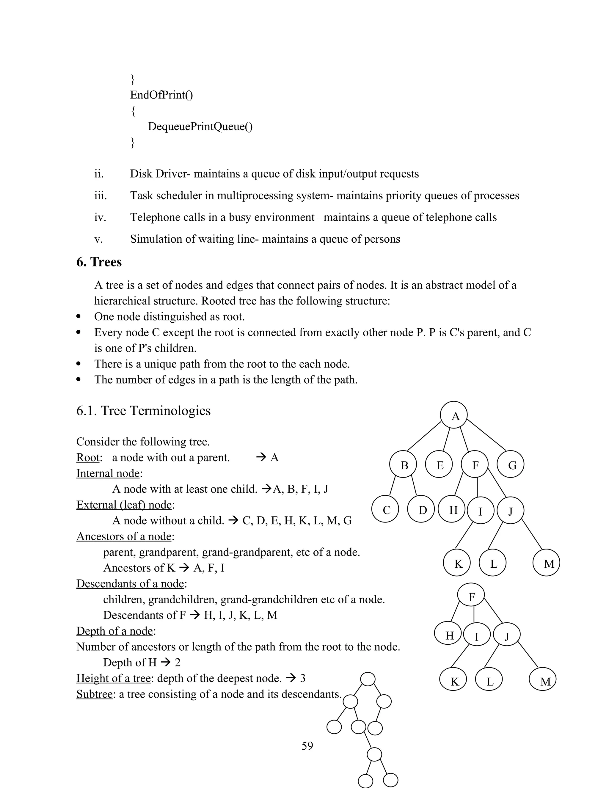 } EndOfPrint() { DequeuePrintQueue() } ii. Disk Driver- maintains a queue of disk input/output requests iii. Task scheduler in multiprocessing system- maintains priority queues of processes iv. Telephone calls in a busy environment –maintains a queue of telephone calls v. Simulation of waiting line- maintains a queue of persons 6. Trees A tree is a set of nodes and edges that connect pairs of nodes. It is an abstract model of a hierarchical structure. Rooted tree has the following structure:  One node distinguished as root.  Every node C except the root is connected from exactly other node P. P is C's parent, and C is one of P's children.  There is a unique path from the root to the each node.  The number of edges in a path is the length of the path. 6.1. Tree Terminologies Consider the following tree. Root: a node with out a parent.  A Internal node: A node with at least one child. A, B, F, I, J External (leaf) node: A node without a child.  C, D, E, H, K, L, M, G Ancestors of a node: parent, grandparent, grand-grandparent, etc of a node. Ancestors of K  A, F, I Descendants of a node: children, grandchildren, grand-grandchildren etc of a node. Descendants of F  H, I, J, K, L, M Depth of a node: Number of ancestors or length of the path from the root to the node. Depth of H  2 Height of a tree: depth of the deepest node.  3 Subtree: a tree consisting of a node and its descendants. 59 A B E G F D C J H I M K L F J H I M K L 