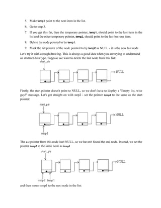 5. Make temp1 point to the next item in the list.
6. Go to step 3.
7. If you get this far, then the temporary pointer, temp1, should point to the last item in the
list and the other temporary pointer, temp2, should point to the last-but-one item.
8. Delete the node pointed to by temp1.
9. Mark the nxt pointer of the node pointed to by temp2 as NULL - it is the new last node.
Let's try it with a rough drawing. This is always a good idea when you are trying to understand
an abstract data type. Suppose we want to delete the last node from this list:
Firstly, the start pointer doesn't point to NULL, so we don't have to display a "Empty list, wise
guy!" message. Let's get straight on with step2 - set the pointer temp1 to the same as the start
pointer:
The nxt pointer from this node isn't NULL, so we haven't found the end node. Instead, we set the
pointer temp2 to the same node as temp1
and then move temp1 to the next node in the list:
 