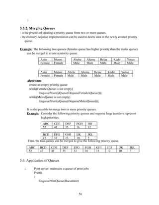 }
5.5.2. Merging Queues
- is the process of creating a priority queue from two or more queues.
- the ordinary dequeue implementation can be used to delete data in the newly created priority
queue.
Example: The following two queues (females queue has higher priority than the males queue)
can be merged to create a priority queue.
Algorithm:
create an empty priority queue
while(FemalesQueue is not empty)
EnqueuePriorityQueue(DequeueFemalesQueue());
while(MalesQueue is not empty)
EnqueuePriorityQueue(DequeueMalesQueue());
It is also possible to merge two or more priority queues.
Example: Consider the following priority queues and suppose large numbers represent
high priorities.
Thus, the two queues can be merged to give the following priority queue.
5.6. Application of Queues
i. Print server- maintains a queue of print jobs
Print()
{
EnqueuePrintQueue(Document)
58
Aster
Female
Meron
Female
Abebe Alemu
Male Male
Belay Kedir
Male Male
Yonas
Male
Aster
Female
Meron
Female
Abebe Alemu
Male Male
Belay Kedir
Male Male
Yonas
Male
ABC CDE
52 41
DEF FGH
35 16
HIJ
12
BCD EFG
47 32
GHI IJK
13 10
JKL
7
ABC BCD
52 47
CDE DEF
41 35
EFG
32
FGH GHI
16 13
HIJ IJK
12 10
JKL
7
 