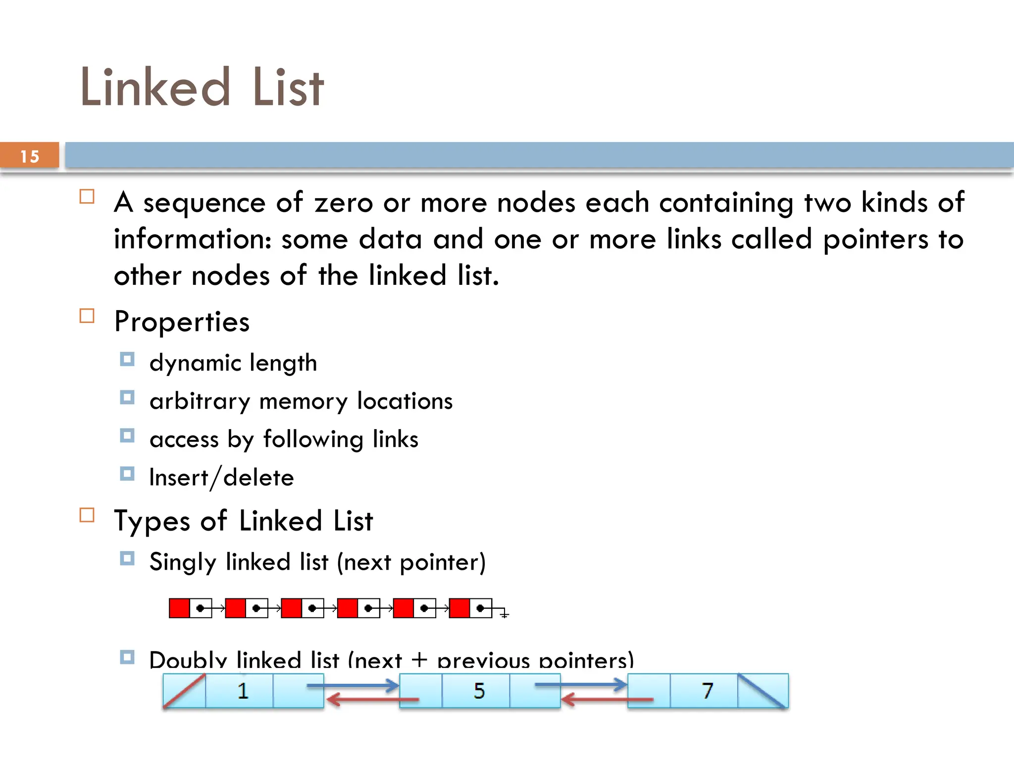 15
Linked List
 A sequence of zero or more nodes each containing two kinds of
information: some data and one or more links called pointers to
other nodes of the linked list.
 Properties
 dynamic length
 arbitrary memory locations
 access by following links
 Insert/delete
 Types of Linked List
 Singly linked list (next pointer)
 Doubly linked list (next + previous pointers)
 
