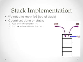 Stack Implementation
• We need to know ToS (top of stack)
• Operations done on stack:
o Push  insert element at ToS
o Pop  retrieve element from ToS

 