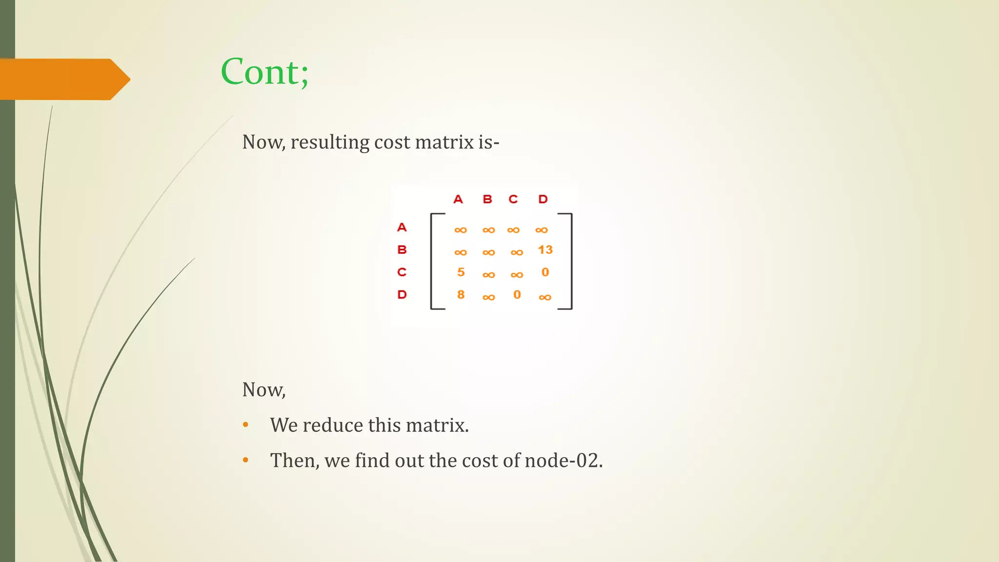Cont;
Now, resulting cost matrix is-
Now,
• We reduce this matrix.
• Then, we find out the cost of node-02.
 