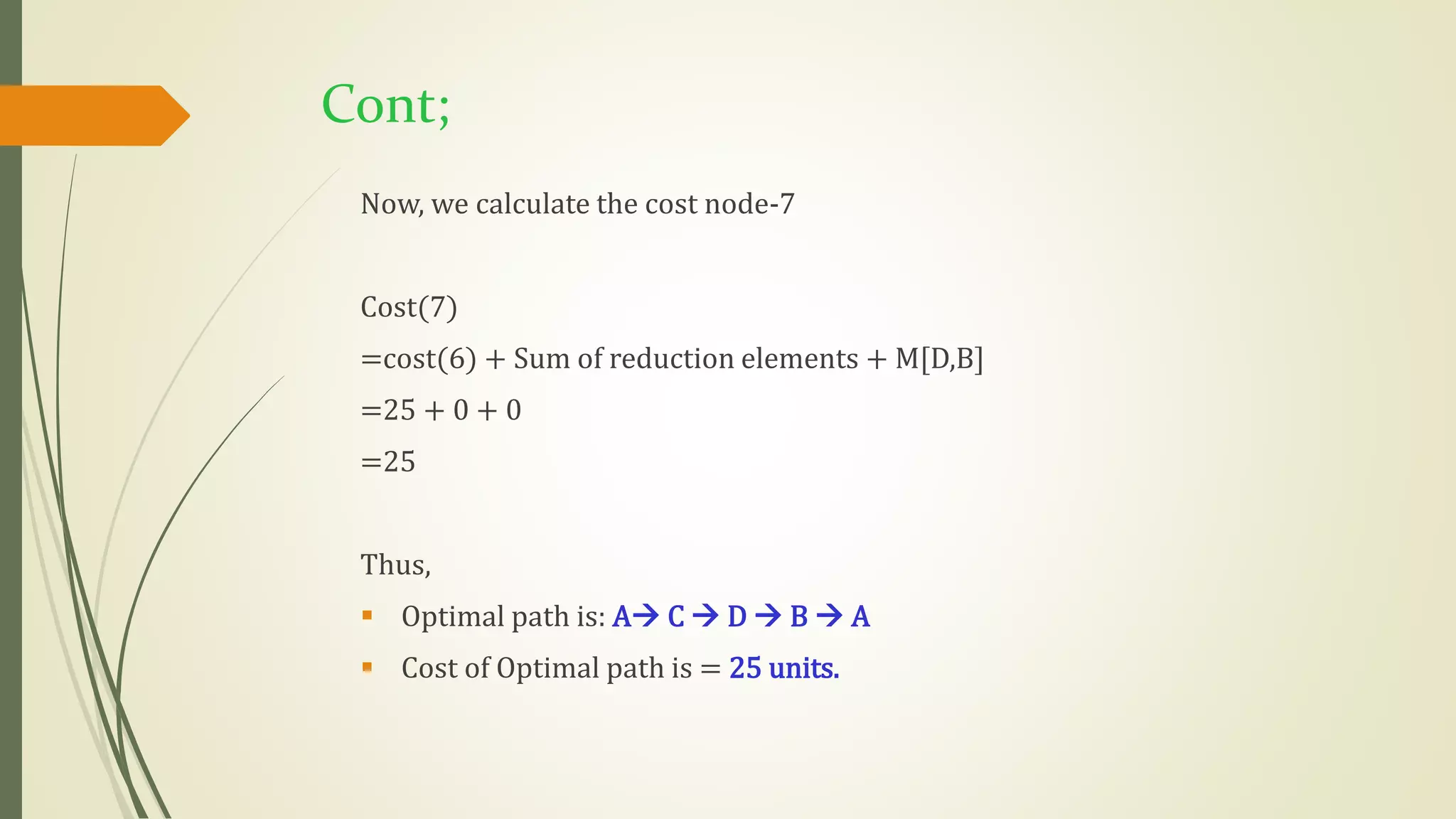 Cont;
Now, we calculate the cost node-7
Cost(7)
=cost(6) + Sum of reduction elements + M[D,B]
=25 + 0 + 0
=25
Thus,
 Optimal path is: A C  D  B  A
 Cost of Optimal path is = 25 units.
 