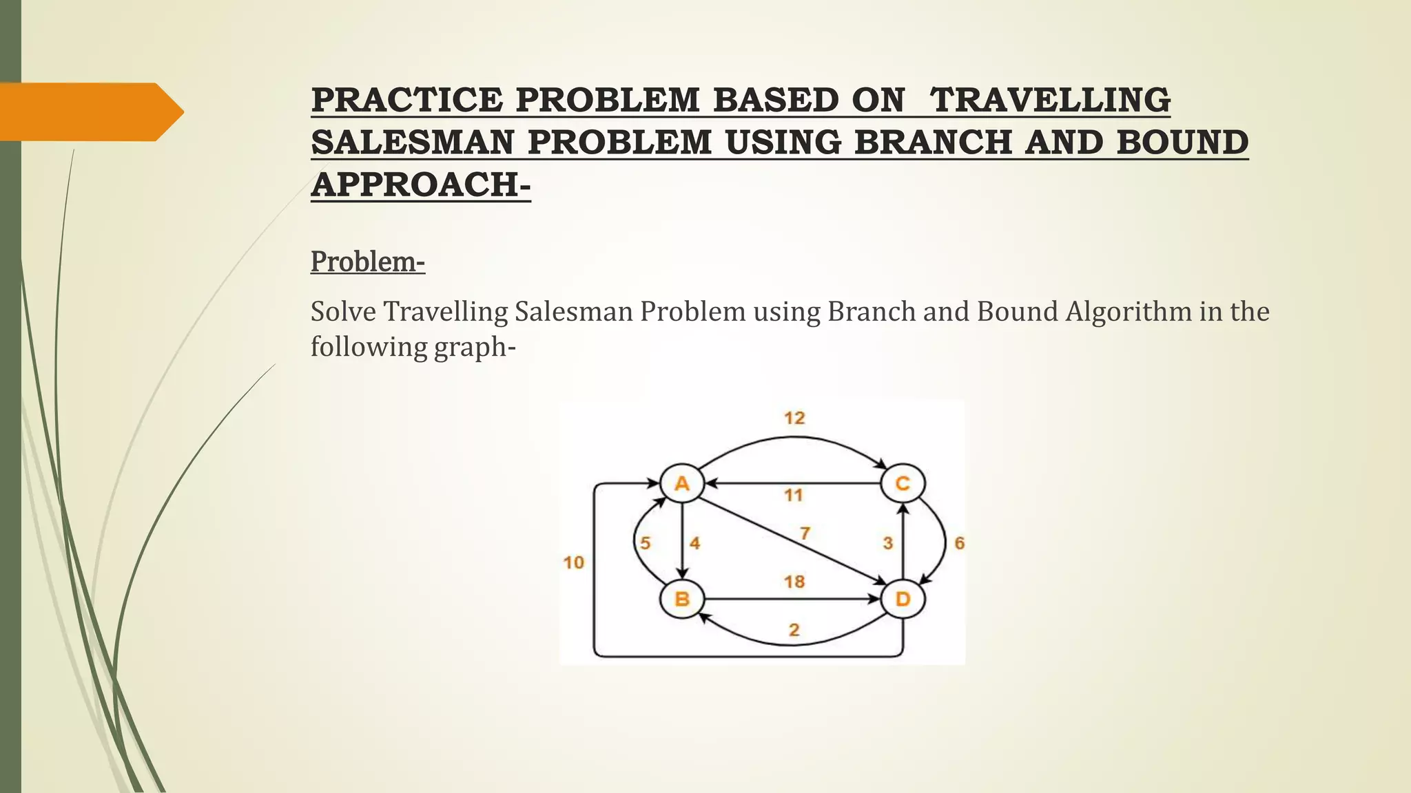 PRACTICE PROBLEM BASED ON TRAVELLING
SALESMAN PROBLEM USING BRANCH AND BOUND
APPROACH-
Problem-
Solve Travelling Salesman Problem using Branch and Bound Algorithm in the
following graph-
 
