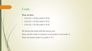 Cont;
Thus, we have-
 Cost (2) = 36 (for path A  B)
 Cost (3) = 25 (for path A  C)
 Cost (4) = 26 (for path A  D)
We choose the node with the lowest cost.
Since cost for node-3 is lowest, so we prefer to visit node-3.
Thus, we choose node-3 i.e, path A  C
 