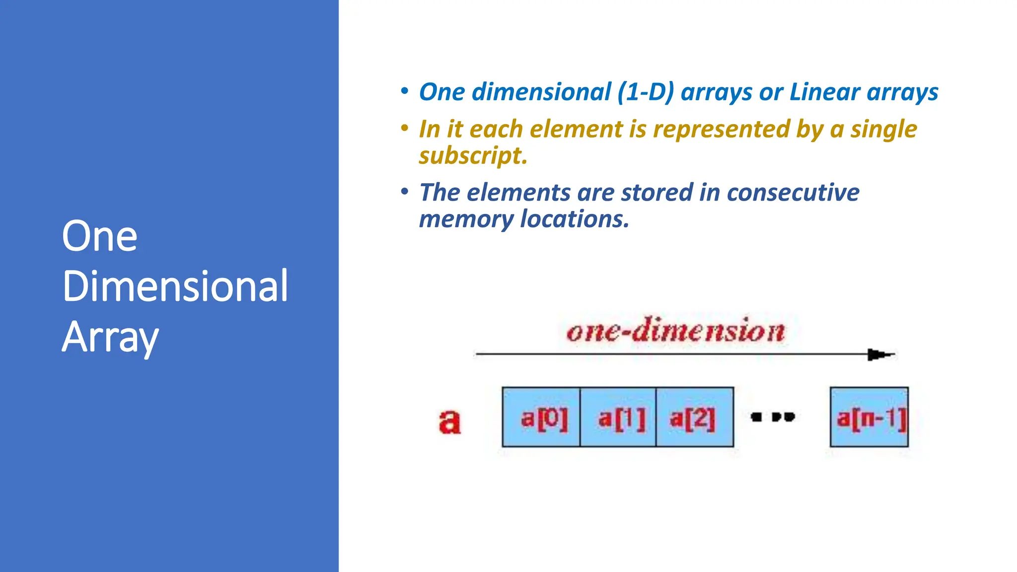 One Dimensional Array • One dimensional (1-D) arrays or Linear arrays • In it each element is represented by a single subscript. • The elements are stored in consecutive memory locations. 