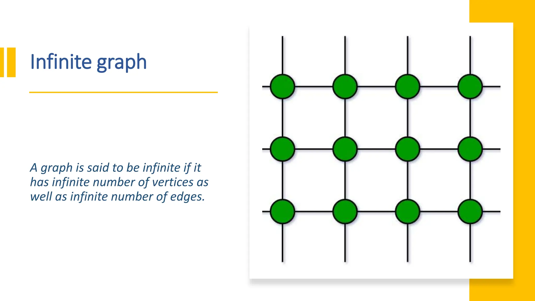 Infinite graph A graph is said to be infinite if it has infinite number of vertices as well as infinite number of edges. 