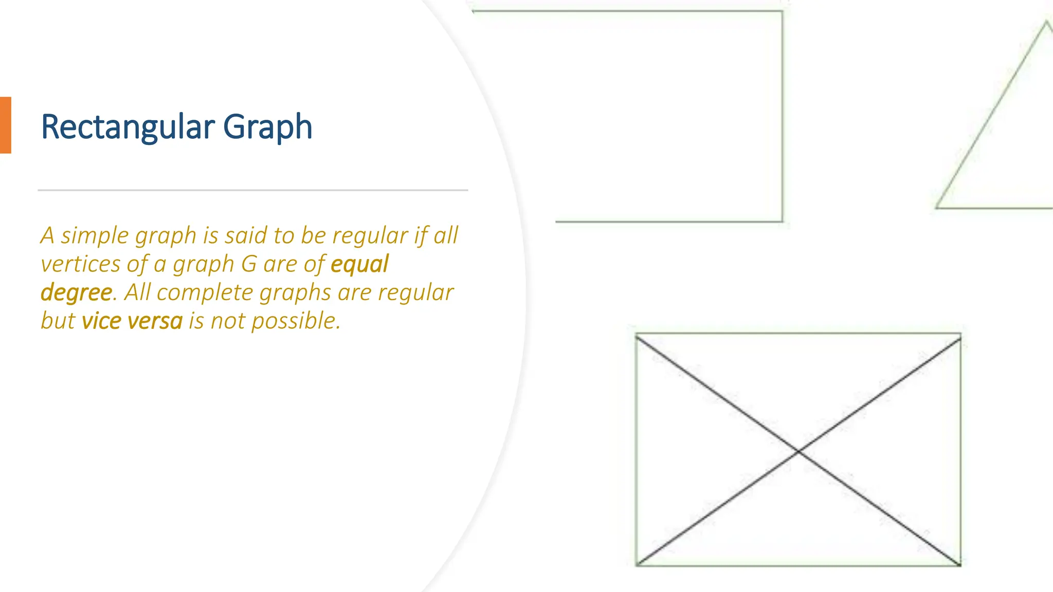 Rectangular Graph A simple graph is said to be regular if all vertices of a graph G are of equal degree. All complete graphs are regular but vice versa is not possible. 