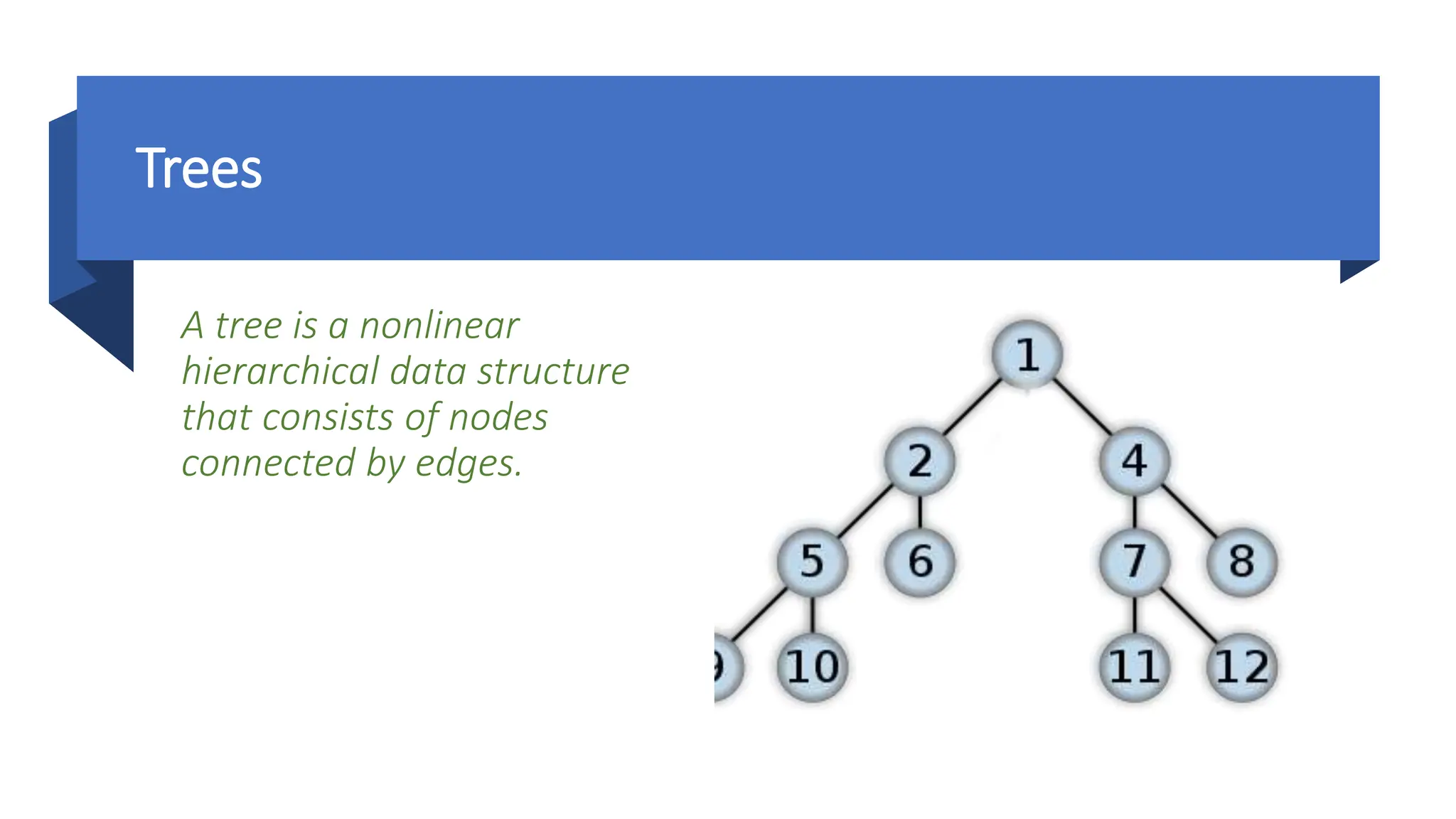 Trees A tree is a nonlinear hierarchical data structure that consists of nodes connected by edges. 