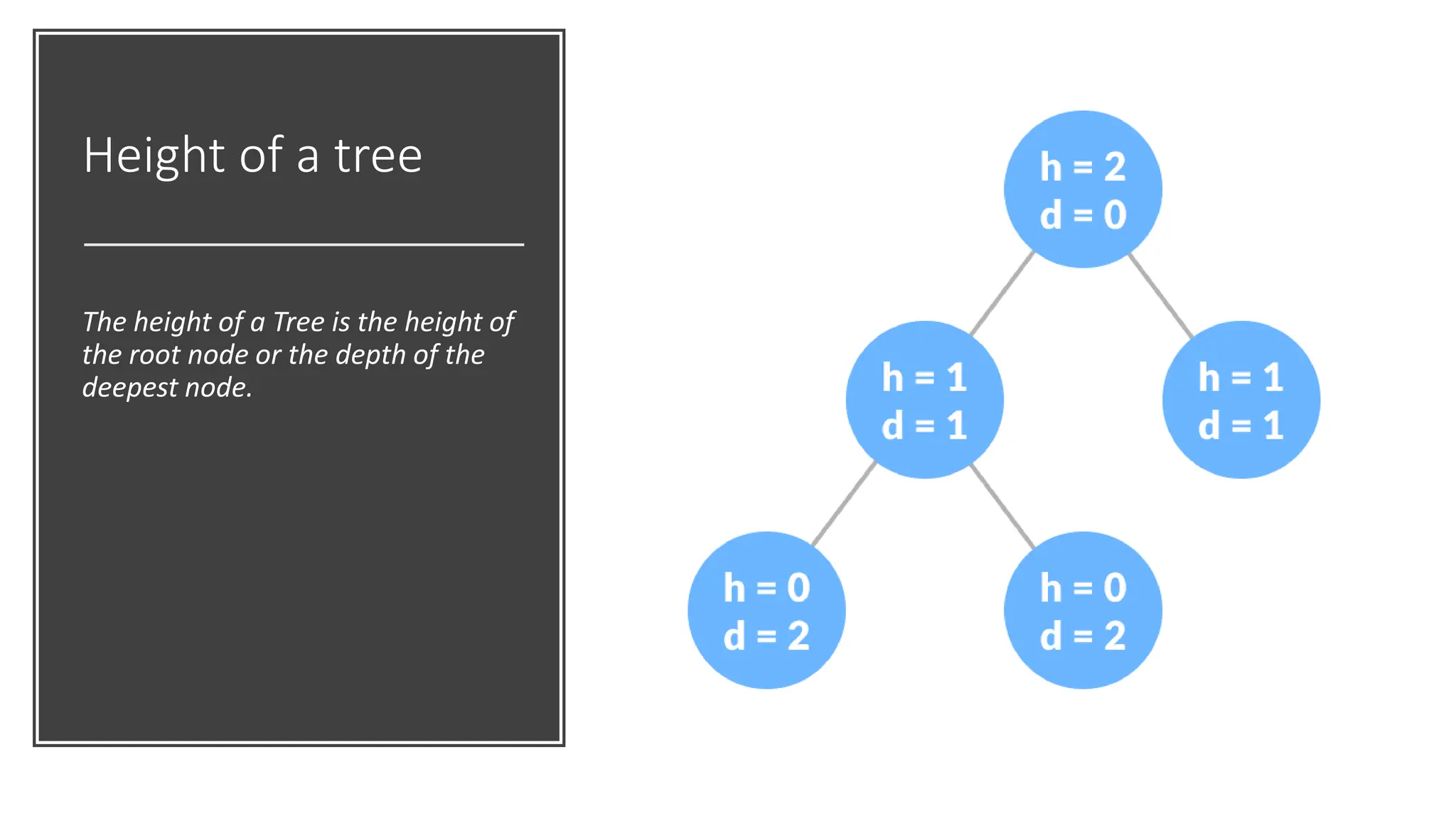 Height of a tree The height of a Tree is the height of the root node or the depth of the deepest node. 