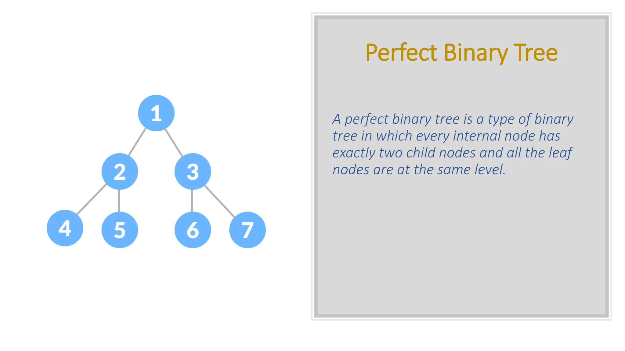 Perfect Binary Tree A perfect binary tree is a type of binary tree in which every internal node has exactly two child nodes and all the leaf nodes are at the same level. 