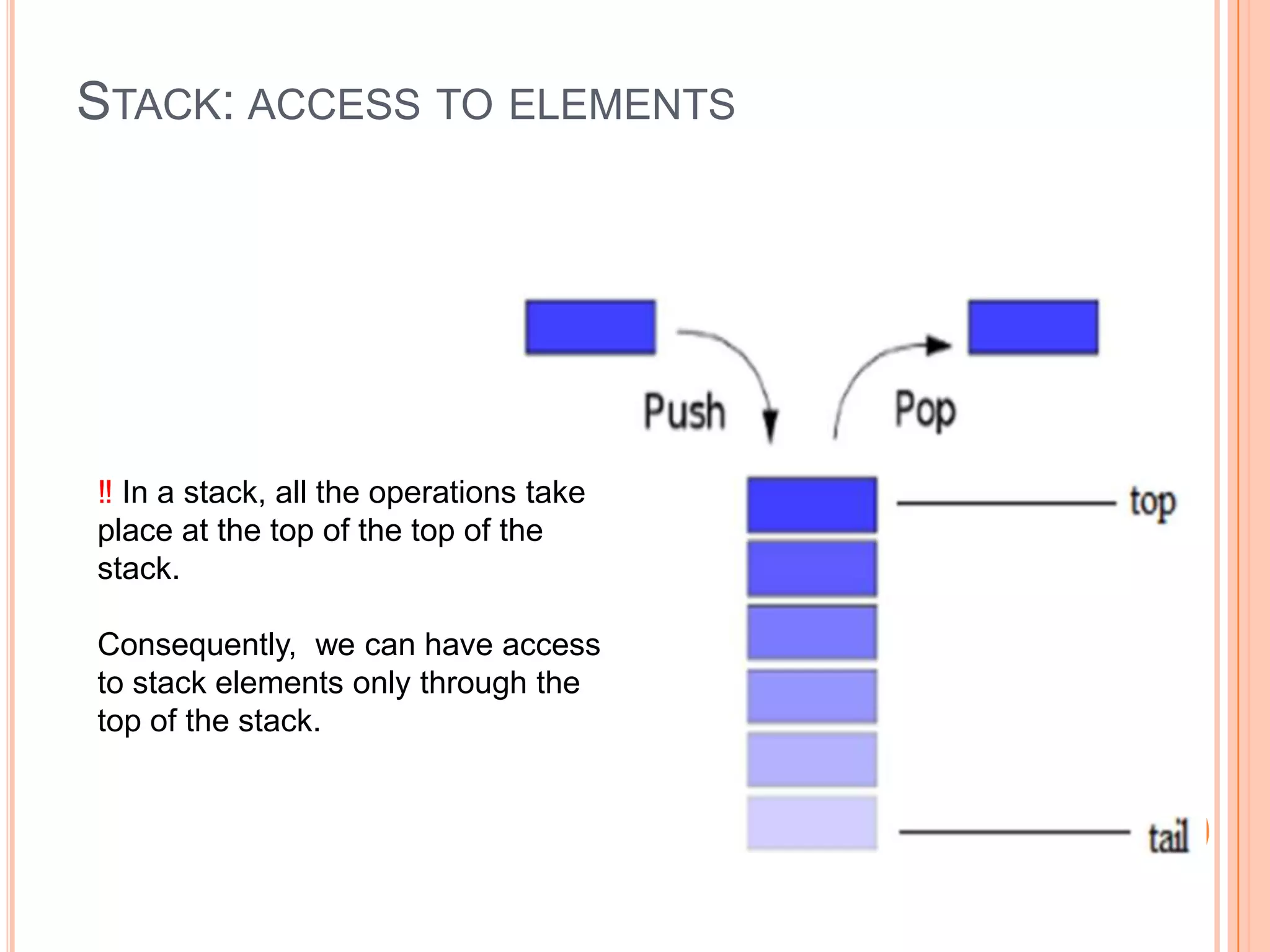 STACK: ACCESS TO ELEMENTS

‼ In a stack, all the operations take
place at the top of the top of the
stack.
Consequently, we can have access
to stack elements only through the
top of the stack.

 