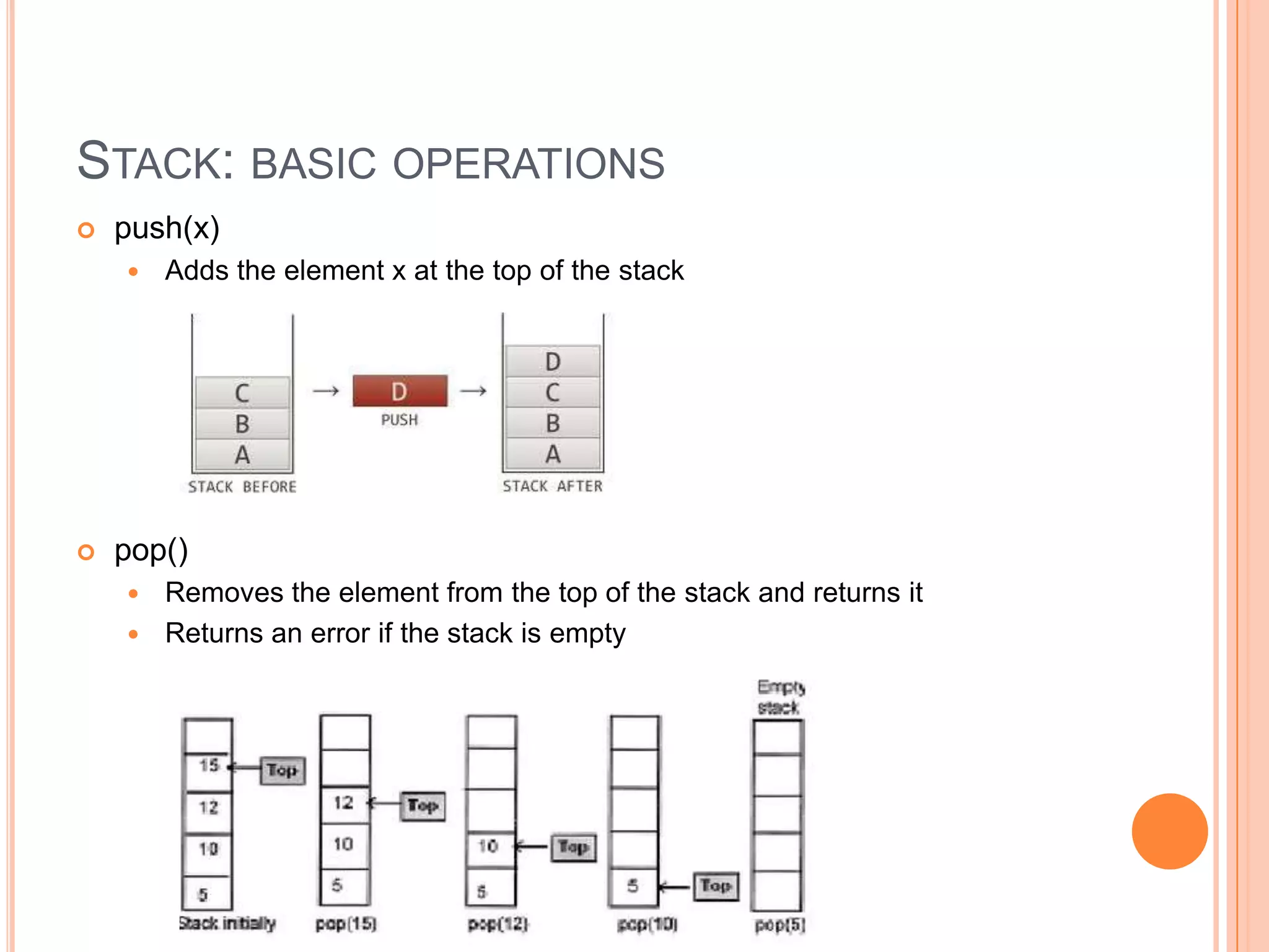 STACK: BASIC OPERATIONS


push(x)




Adds the element x at the top of the stack

pop()
Removes the element from the top of the stack and returns it
 Returns an error if the stack is empty


 