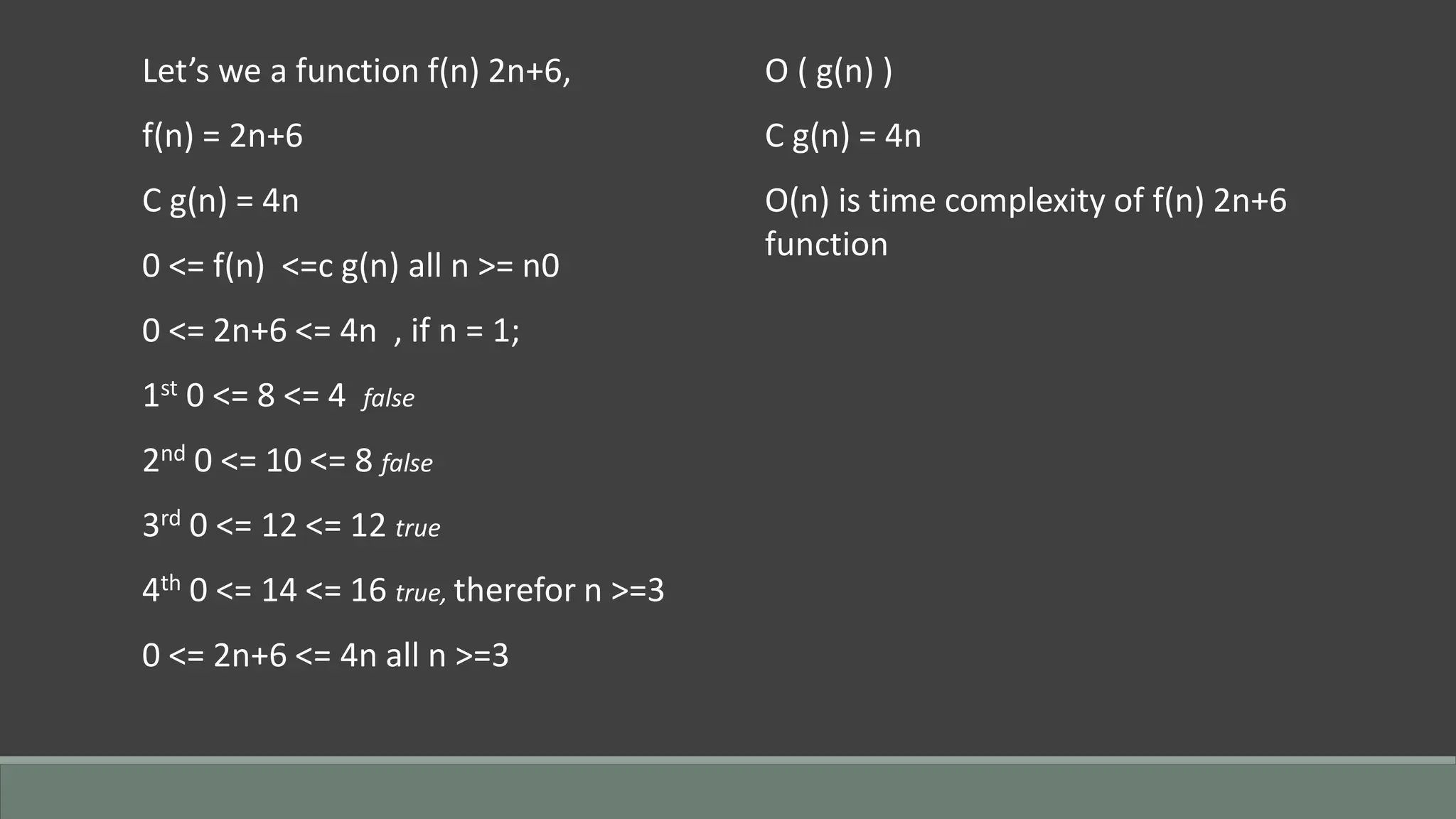 Let’s we a function f(n) 2n+6,
f(n) = 2n+6
C g(n) = 4n
0 <= f(n) <=c g(n) all n >= n0
0 <= 2n+6 <= 4n , if n = 1;
1st 0 <= 8 <= 4 false
2nd 0 <= 10 <= 8 false
3rd 0 <= 12 <= 12 true
4th 0 <= 14 <= 16 true, therefor n >=3
0 <= 2n+6 <= 4n all n >=3
O ( g(n) )
C g(n) = 4n
O(n) is time complexity of f(n) 2n+6
function
 