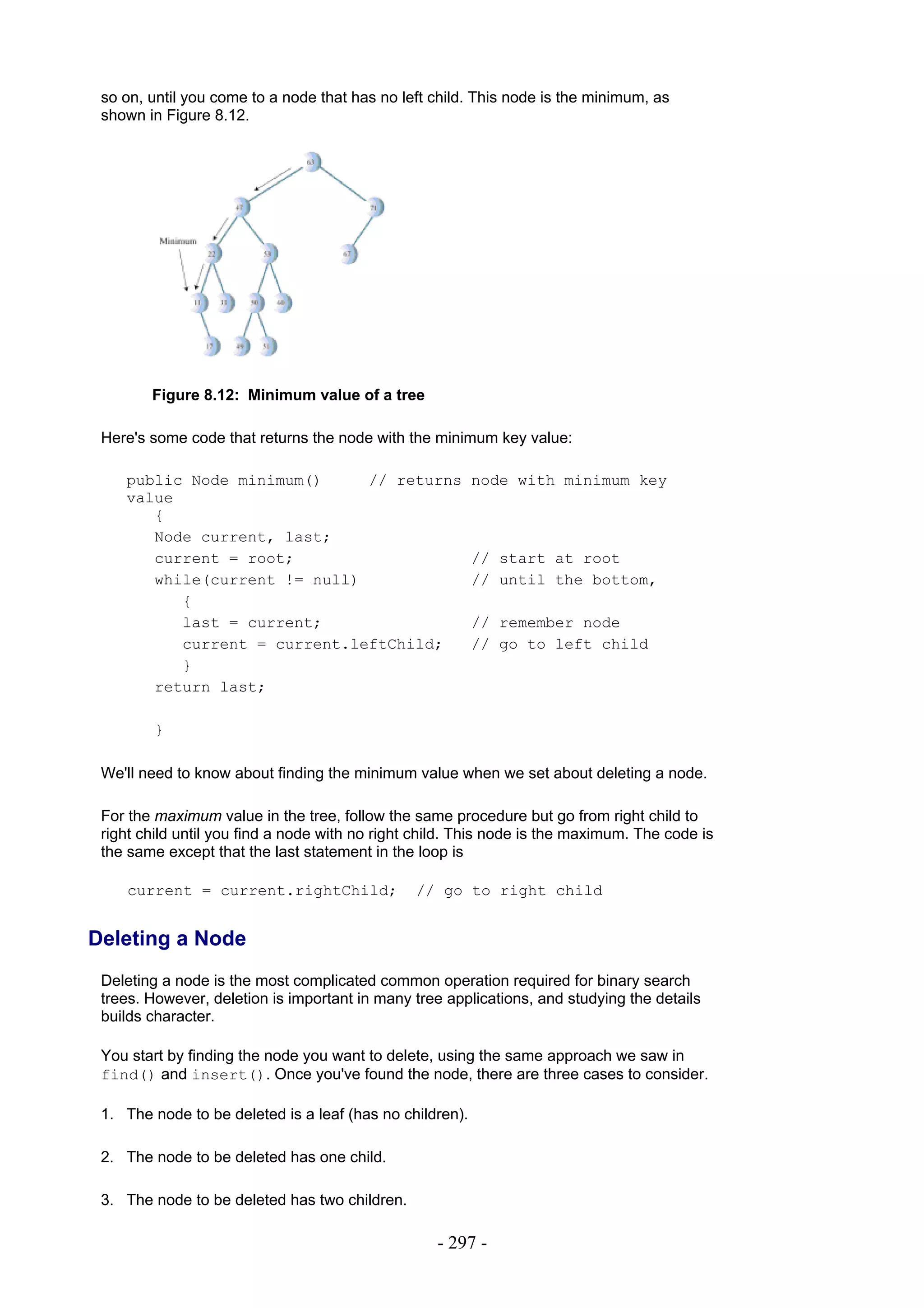 so on, until you come to a node that has no left child. This node is the minimum, as
 shown in Figure 8.12.




        Figure 8.12: Minimum value of a tree

 Here's some code that returns the node with the minimum key value:

    public Node minimum()     // returns                  node with minimum key
    value
       {
       Node current, last;
       current = root;                                    // start at root
       while(current != null)                             // until the bottom,
          {
          last = current;                                 // remember node
          current = current.leftChild;                    // go to left child
          }
       return last;

         }

 We'll need to know about finding the minimum value when we set about deleting a node.

 For the maximum value in the tree, follow the same procedure but go from right child to
 right child until you find a node with no right child. This node is the maximum. The code is
 the same except that the last statement in the loop is

    current = current.rightChild;               // go to right child


Deleting a Node
 Deleting a node is the most complicated common operation required for binary search
 trees. However, deletion is important in many tree applications, and studying the details
 builds character.

 You start by finding the node you want to delete, using the same approach we saw in
 find() and insert(). Once you've found the node, there are three cases to consider.

 1. The node to be deleted is a leaf (has no children).

 2. The node to be deleted has one child.

 3. The node to be deleted has two children.

                                                   - 297 -
 