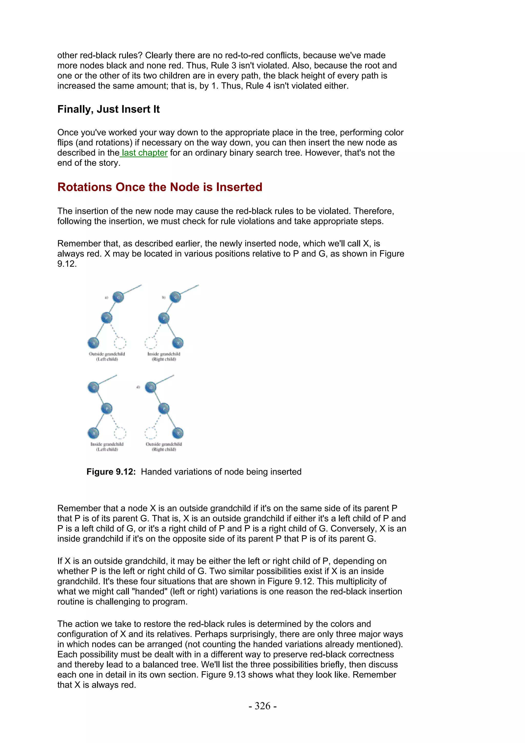 other red-black rules? Clearly there are no red-to-red conflicts, because we've made
more nodes black and none red. Thus, Rule 3 isn't violated. Also, because the root and
one or the other of its two children are in every path, the black height of every path is
increased the same amount; that is, by 1. Thus, Rule 4 isn't violated either.

Finally, Just Insert It

Once you've worked your way down to the appropriate place in the tree, performing color
flips (and rotations) if necessary on the way down, you can then insert the new node as
described in the last chapter for an ordinary binary search tree. However, that's not the
end of the story.

Rotations Once the Node is Inserted
The insertion of the new node may cause the red-black rules to be violated. Therefore,
following the insertion, we must check for rule violations and take appropriate steps.

Remember that, as described earlier, the newly inserted node, which we'll call X, is
always red. X may be located in various positions relative to P and G, as shown in Figure
9.12.




        Figure 9.12: Handed variations of node being inserted



Remember that a node X is an outside grandchild if it's on the same side of its parent P
that P is of its parent G. That is, X is an outside grandchild if either it's a left child of P and
P is a left child of G, or it's a right child of P and P is a right child of G. Conversely, X is an
inside grandchild if it's on the opposite side of its parent P that P is of its parent G.

If X is an outside grandchild, it may be either the left or right child of P, depending on
whether P is the left or right child of G. Two similar possibilities exist if X is an inside
grandchild. It's these four situations that are shown in Figure 9.12. This multiplicity of
what we might call "handed" (left or right) variations is one reason the red-black insertion
routine is challenging to program.

The action we take to restore the red-black rules is determined by the colors and
configuration of X and its relatives. Perhaps surprisingly, there are only three major ways
in which nodes can be arranged (not counting the handed variations already mentioned).
Each possibility must be dealt with in a different way to preserve red-black correctness
and thereby lead to a balanced tree. We'll list the three possibilities briefly, then discuss
each one in detail in its own section. Figure 9.13 shows what they look like. Remember
that X is always red.

                                                      - 326 -
 