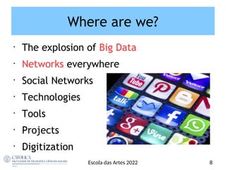 Where are we?
•
The explosion of Big Data
•
Networks everywhere
•
Social Networks
•
Technologies
•
Tools
•
Projects
•
Digitization
8
Escola das Artes 2022
 