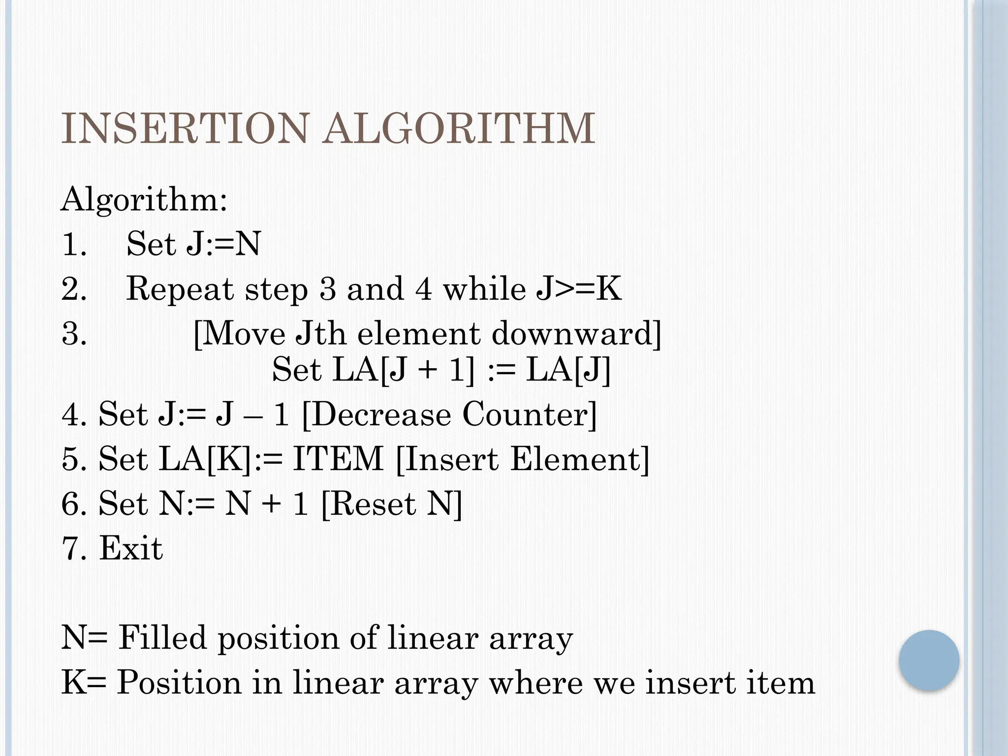 INSERTION ALGORITHM
Algorithm:
1. Set J:=N
2. Repeat step 3 and 4 while J>=K
3. [Move Jth element downward]
Set LA[J + 1] := LA[J]
4. Set J:= J – 1 [Decrease Counter]
5. Set LA[K]:= ITEM [Insert Element]
6. Set N:= N + 1 [Reset N]
7. Exit
N= Filled position of linear array
K= Position in linear array where we insert item
 