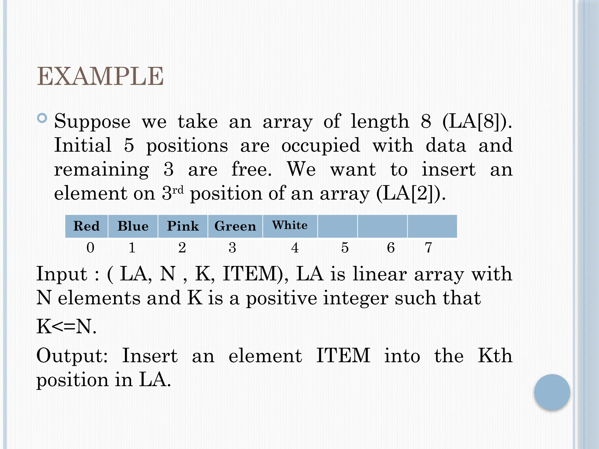 EXAMPLE
 Suppose we take an array of length 8 (LA[8]).
Initial 5 positions are occupied with data and
remaining 3 are free. We want to insert an
element on 3rd
position of an array (LA[2]).
0 1 2 3 4 5 6 7
Input : ( LA, N , K, ITEM), LA is linear array with
N elements and K is a positive integer such that
K<=N.
Output: Insert an element ITEM into the Kth
position in LA.
Red Blue Pink Green White
 