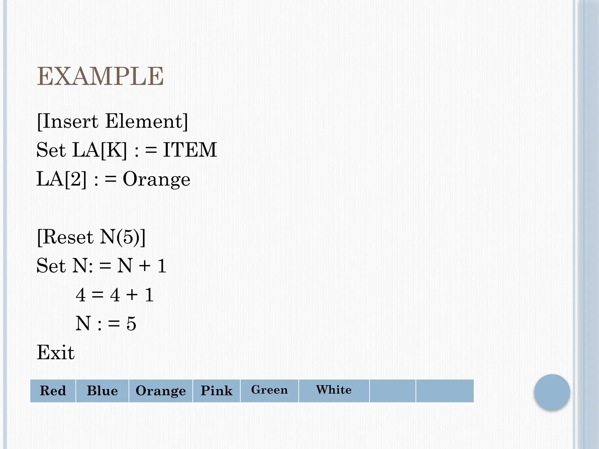 EXAMPLE
[Insert Element]
Set LA[K] : = ITEM
LA[2] : = Orange
[Reset N(5)]
Set N: = N + 1
4 = 4 + 1
N : = 5
Exit
Red Blue Orange Pink Green White
 