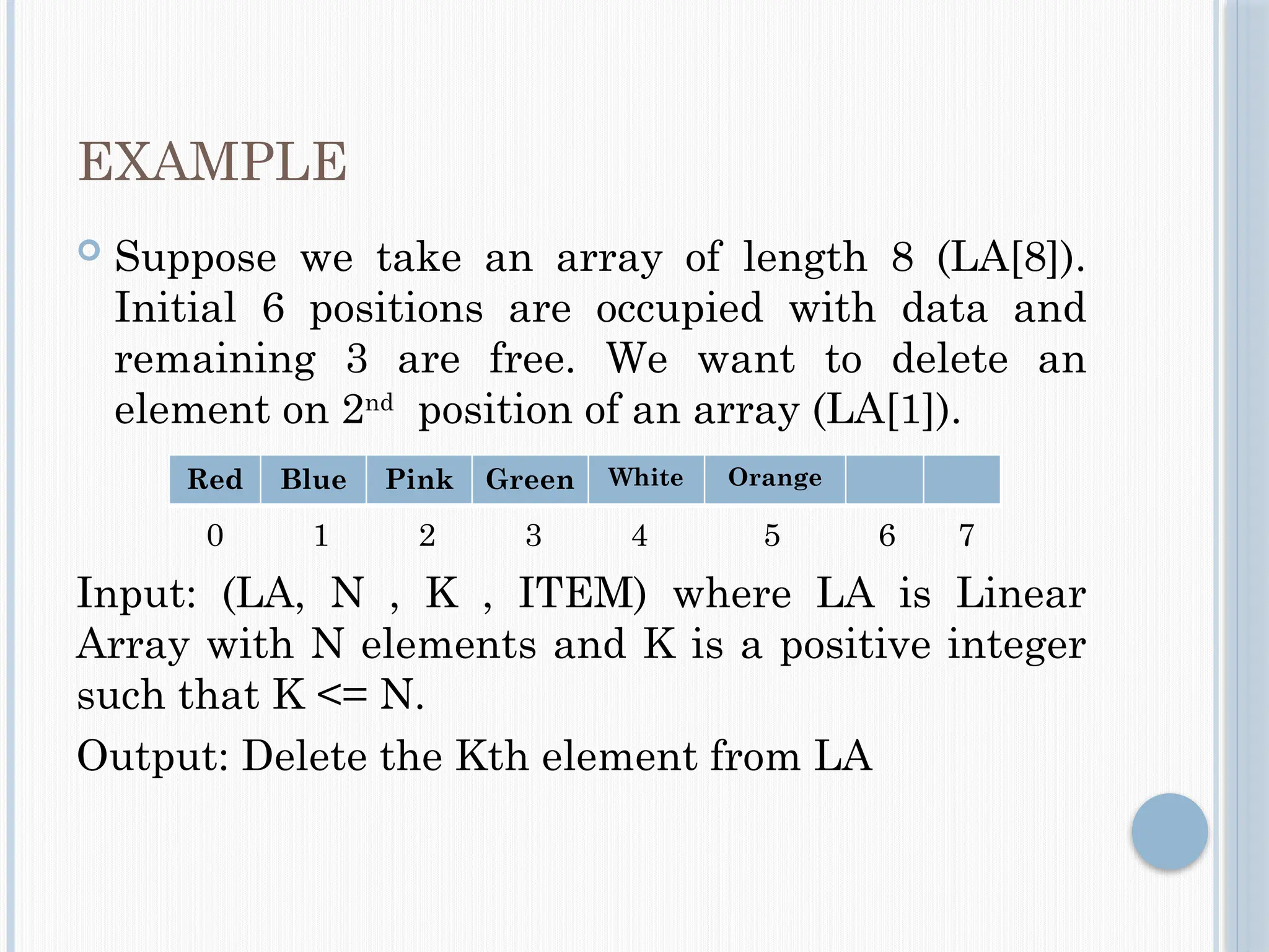 EXAMPLE
 Suppose we take an array of length 8 (LA[8]).
Initial 6 positions are occupied with data and
remaining 3 are free. We want to delete an
element on 2nd
position of an array (LA[1]).
0 1 2 3 4 5 6 7
Input: (LA, N , K , ITEM) where LA is Linear
Array with N elements and K is a positive integer
such that K <= N.
Output: Delete the Kth element from LA
Red Blue Pink Green White Orange
 